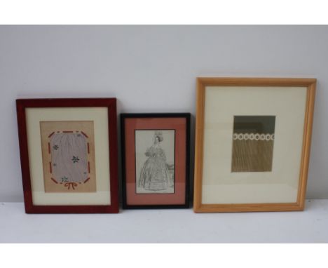 A quantity of pictures to include a print of a lady in dinner dress dated 1836, a geometric screen print and one other