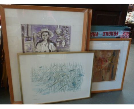 A selection of pictures, prints and empty frames including an original mixed media collage composition titled 'Rainbow', a si