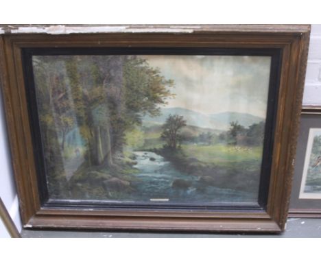 A selection of pictures and prints including a Marshal titled 'On the Clyde, Scotland' an empty frame, an original gouache la