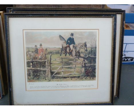 A Henry Alken print titled 'Hunting in Leicestershire, 1827-in at the death' together with three John Leech hunting prints, a