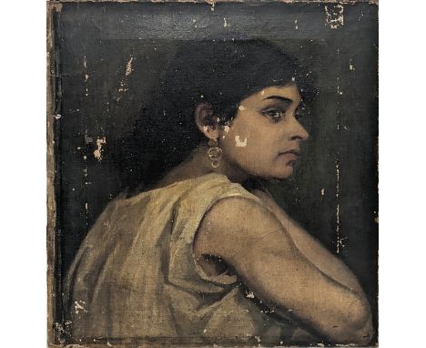19th century Indian School, portrait of an Indian lady, oil on canvas, indistinctly signed lower right, H.50cm W.42cm
