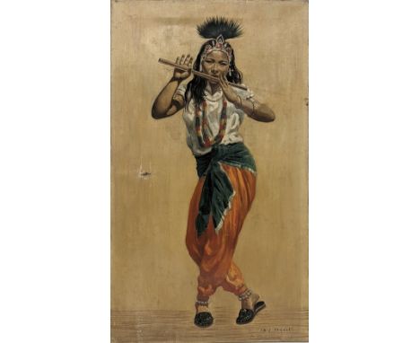 Eric Tansley (1916-1979), full length portrait of an Indian lady playing a flute, oil on canvas, signed lower right, H.56cm W