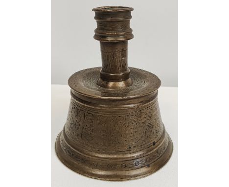 A fine 14th-15th century Egyptian Mamluk silver inlaid bronze miniature candlestick, H.15cm
