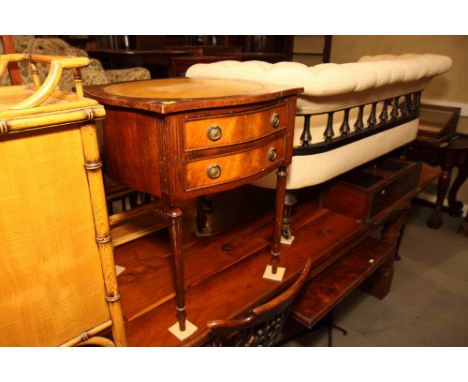 A lamp table with shaped square top inlet leather panel, fitted two shallow frieze drawers, 21" x 21"