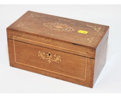 A late 19th Century rosewood marquetry inlaid two-division tea caddy with satinwood lining, 9 3/4" wide