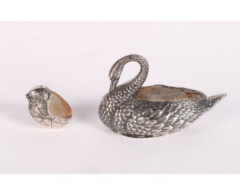 A Sampson Mordan silver hatching chick pin cushion and an Adie & Lovekin silver swan pin cushion