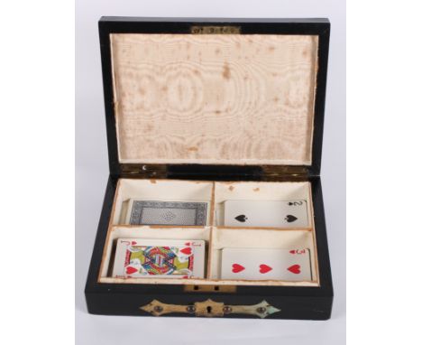 A 19th Century Macassar ebony and gilt brass mounted dome top four-division playing card box, 9" wide