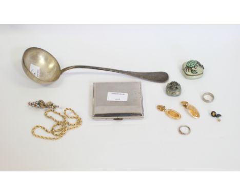 A chromed cigarette case, two pill boxes, two silver rings, a small collection of costume jewellery and a plated soup ladle