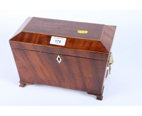 A 19th Century mahogany and banded two-division tea caddy with lion mask handles, 10" wide