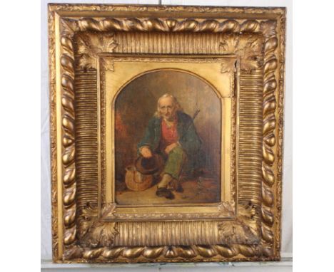 A 19th Century oil on panel, portrait of an old man with stick and basket, 8" x 7", arched top gilt mount, in deep gilt frame