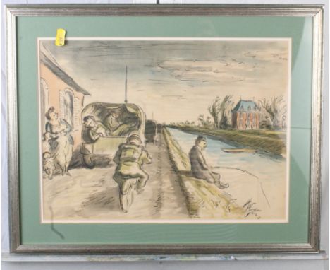 Edward Ardizzone: a colour lithograph, "On the Move with the 300th" British Troops on an embankment in France, in silvered st