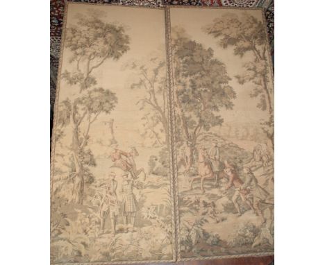 A pair of unframed needlepoint tapestry panels, 18th Century figures hunting, 58" x 25"