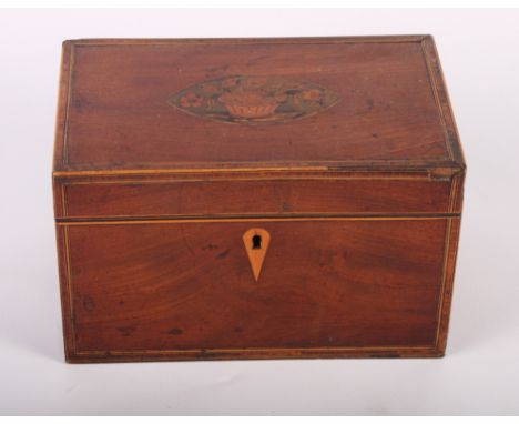 An 18th Century mahogany rectangular two-division tea caddy, cover inlaid floral marquetry panel, 8" wide