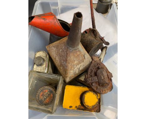 A quantity of oil cans including a Vesta pint can, various funnels, a Wells unbreakable lamp etc.