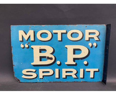 An early and rarely seen B.P. Motor Spirit double sided enamel sign with hanging flange (re-attached), blue version, 24 x 15"