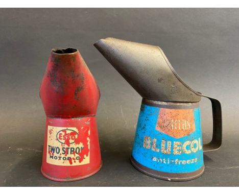 A Smiths Bluecol anti-freeze pint measure plus an Esso Two Stroke Motor Oil half pint measure. 