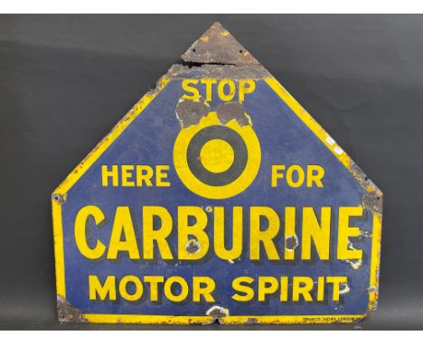 An early and rarely seen Carburine Motor Spirit enamel sign by Franco, 27 x 25".