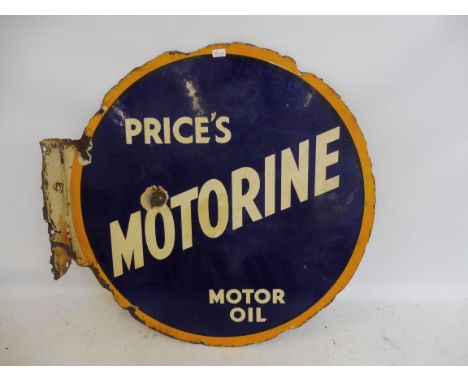 A Price's Motorine Motor Oil circular double sided enamel sign with hanging flange, 20 x 18". 