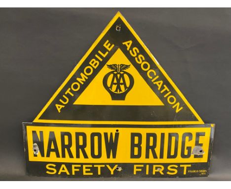 An AA Safety First enamel road sign for 'Narrow Bridge' by Franco, excellent condition and gloss, 26 x 22".
