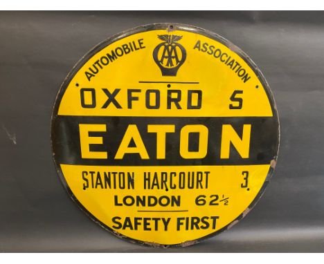 An AA circular yellow and black enamel road/village sign for Eaton, Oxford 5, some small areas of professional restoration, 3
