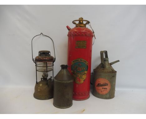 A Galvo fire extinguisher, a tilly lamp and two oil cans.