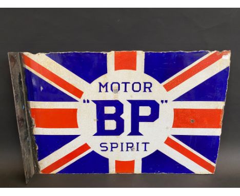 A BP Motor Spirit Union Jack double sided enamel sign with re-attached hanging flange, some restoration. 