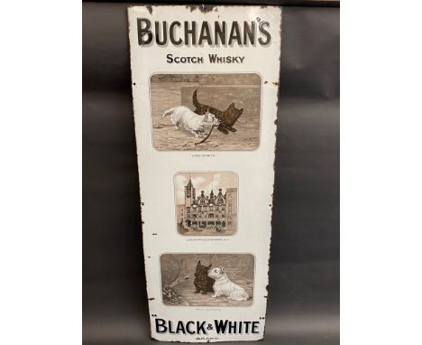 An ultra rare pictorial enamel sign advertising Buchanan's Scotch Whisky 'Black &amp; White' brand, featuring three well deta