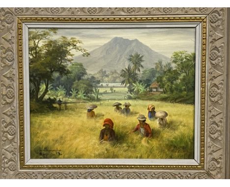 Framed oil on canvas, titled Bali '86, signed by artist, 38cm high x 48cm wide. Estimate £30-50.