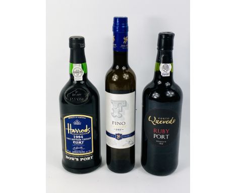 75cl bottle of Porto Quevedo Ruby Port; a 75cl bottle of Harrods Late Bottled Vintage Port 1994; 50cl bottle of Fino dry sher