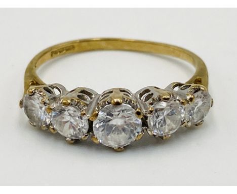 9ct gold, five stone cubic zirconia ring, size N, 2g. Estimate: £40-60