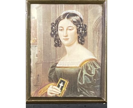 Framed and glazed portrait miniature of a lady in 18th century costume, frame with brass thistle, 8cm high x 6cm wide, 14cm h