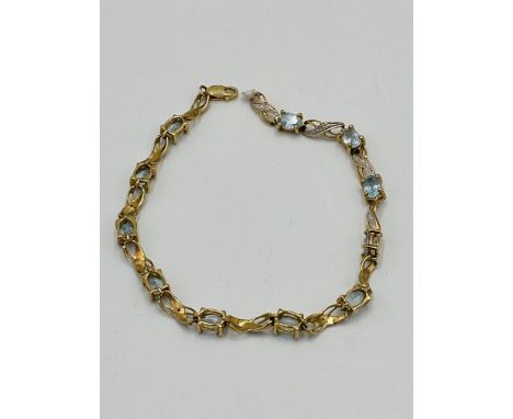 9ct gold and aquamarine tennis bracelet, 6g. Estimate: £120-140