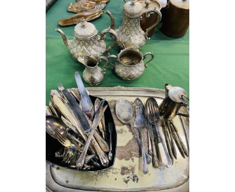 An elaborate silver plate tea and coffee service to include a teapot, coffee pot, 24cms wide x 25cms high, cream jug and suga