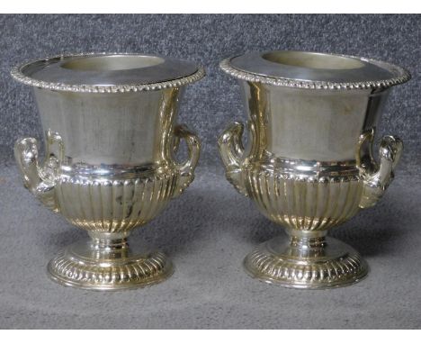 A pair of antique Old Regency Sheffield silver plated wine coolers by Henry Wilkinson and Co. with removable tops. C1820 H.25