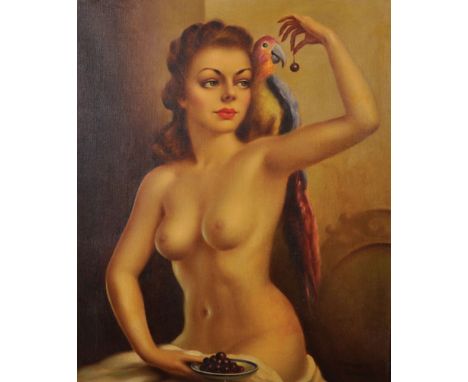 Peter Grant (20th Century) British. Portrait of a Naked Woman Feeding Cherries to a Parrot, Oil on Canvas, Signed, 24" x 20".