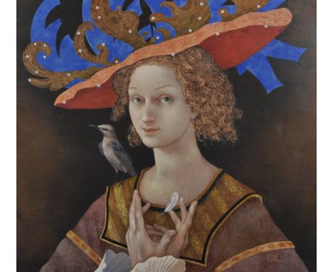 Olga Oreshnikov (20th/21st Century) Russian. "Ethereal Visitor", A Portrait of a Lady with a Bird on her Shoulder, Oil on Pan