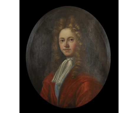 18th Century English School. Portrait of a Man, with a Red Coat and White Stock, wearing a Wig, Oil on Canvas, In a Fine Carv