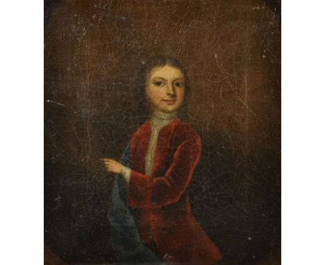 18th Century English School. Three Quarter Length Portrait of a Man in a Red Coat, White Stock with a Blue Sash, Oil on Canva