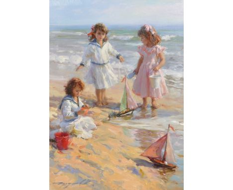 Konstantin Razumov (1974-    ) Russian. "Playing on the Beach", Young Girls Playing with Yachts on the Beach, Oil on Canvas, 