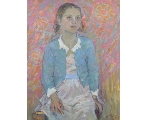 Tatiana Mikhailovna Marchienko (1918-    ) Russian. "Little Girl in Blue, 1975", Portrait of a Young Girl in a White Dress an