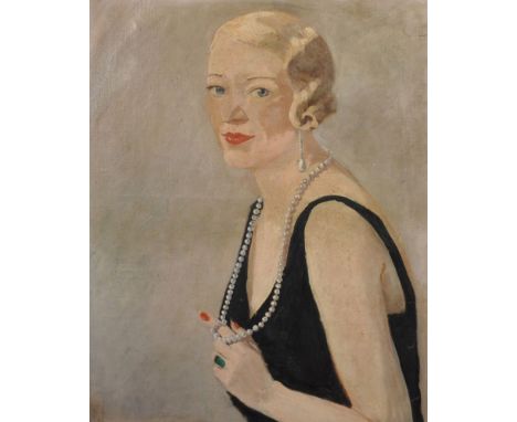 20th Century English School. Portrait of a Lady wearing a Black Dress and a Pearl Necklace, circa 1930, Oil on Canvas, 26" x 