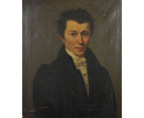 19th Century English School. Portrait of a Gentleman, Wearing a Black Coat and White Stock with a Pearl Button, Oil on Canvas