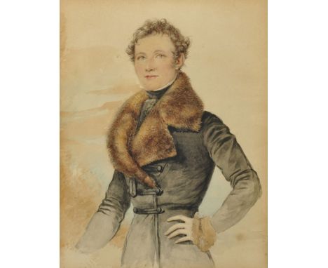 19th Century English School. Three-Quarter Length Portrait of a Man, Wearing a Fur Lined Coat, Watercolour, 10" x 7.5".