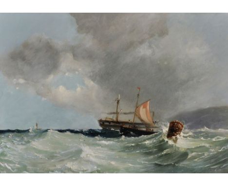 Circle of John Moore (1824-1908) British. A Seascape with Boats in Choppy Water near a Buoy, Oil on Board, 14" x 20".