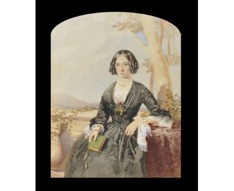19th Century Australian School. Portrait of a Lady in a Landscape, Watercolour, Unframed, Arched 12.5" x 10".