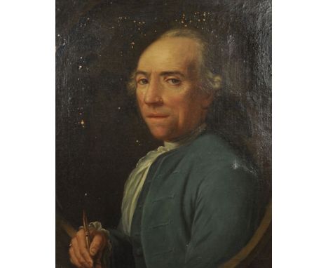 18th Century English School. Portrait of a Man with a Green Jacket and White Stock, holding a Pen, Oil on Canvas, 24.5" x 19.