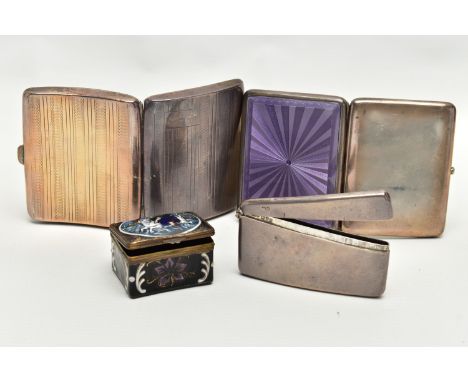 THREE SILVER CIGARETTE / CARD CASES AND AN ENAMELLED PILL BOX, comprising a George V cigarette case of rectangular form with 