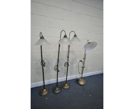 THREE VARIOUS READING LAMPS, with conical glass shades, and another reading lamp (4)