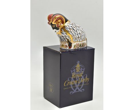 A BOXED ROYAL CROWN DERBY 'DERBY RAM' PAPERWEIGHT, exclusive to The Royal Crown Derby Visitors Centre, with pale gold button 
