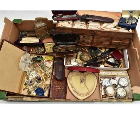 A BOX OF ASSORTED ITEMS, to include a boxed double strand of ‘Rosita’ imitation pearls, a quantity of wristwatches with names